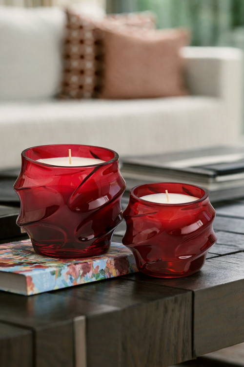 Zigzag Bordo Cam Dekoratif Mum – Lüks Ev Aksesuarı